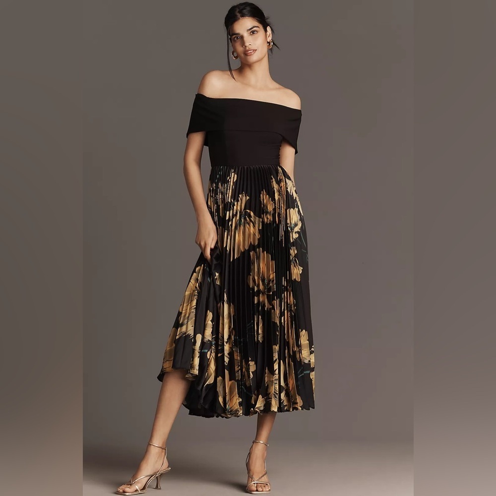 Anthropologie Black One-Shoulder Midi Dress with Gold Floral Pleats